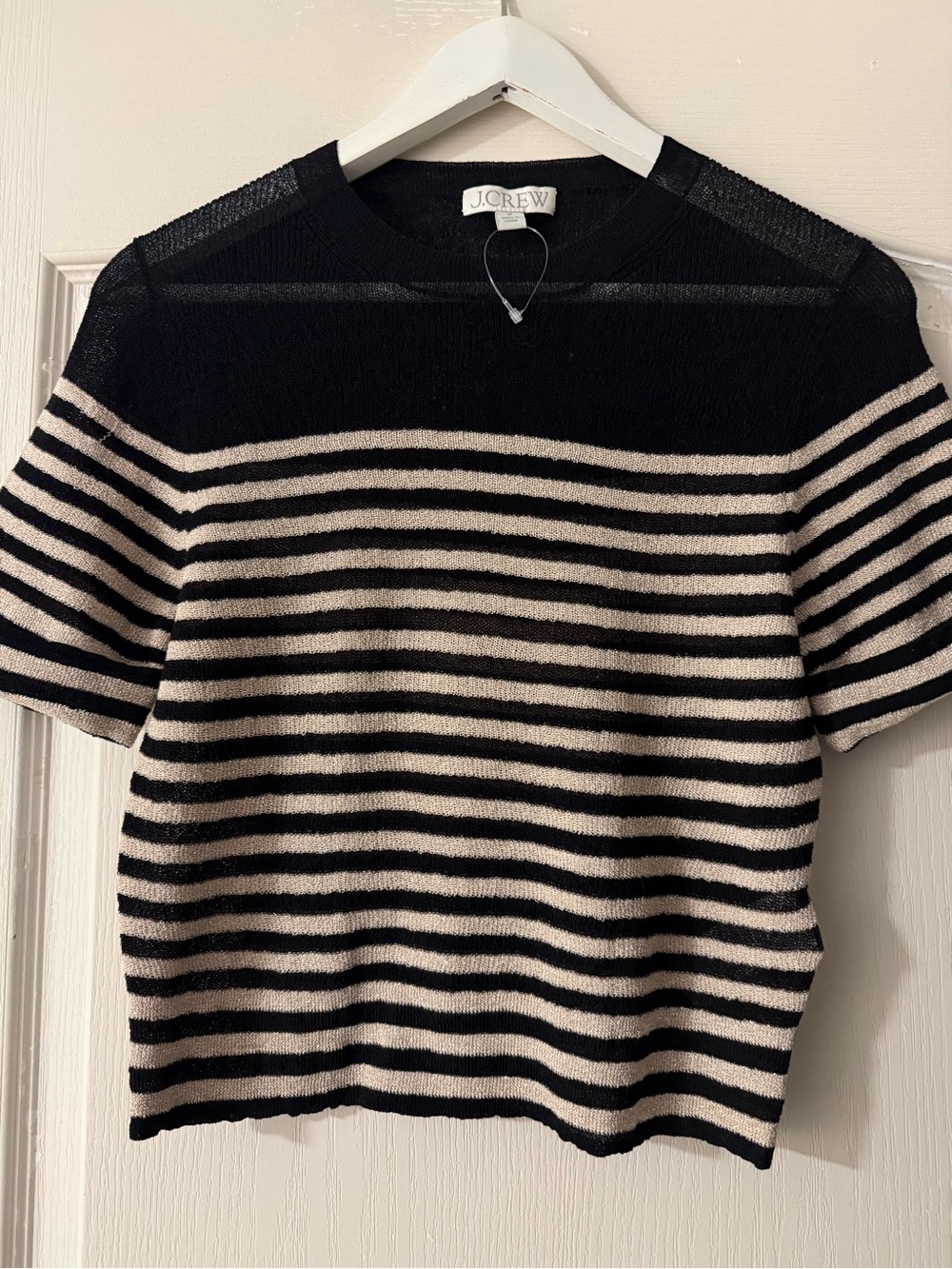 J. Crew Black and Cream Striped Crewneck Sweater